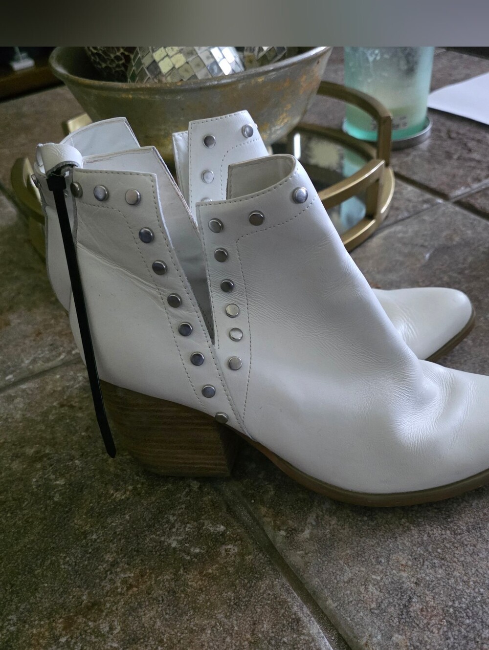 Fergie Mariella White Leather Studded Ankle Boots - Women Size 9
